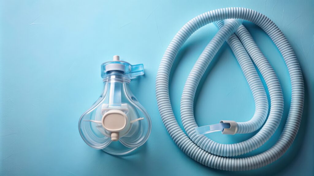 CPAP mask and tubing for sleep apnea treatment, flat lay arrangement for cleaning routine, CPAP, mask